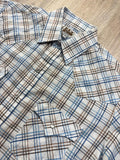 Classic ELY White Beige / Blue Striped Plaid Western Plaid Pearlsnap Shirt - Medium