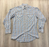 Classic ELY White Beige / Blue Striped Plaid Western Plaid Pearlsnap Shirt - Medium