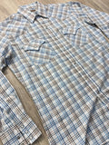 Classic ELY White Beige / Blue Striped Plaid Western Plaid Pearlsnap Shirt - Medium