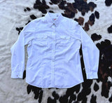 Classic Y2K Roper Solid White Polyester Pearlsnap Shirt w/ Monochromatic Embroidered Horse Pattern - Medium