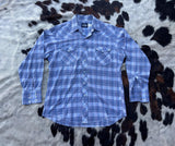Vintage 80s Wrangler Light Blue Plaid Western Pearlsnap Shirt - Med/Lrg