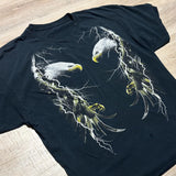 Vtg 90s Faded Black Distressed Eagle Lightning Storm Biker T-Shirt - XL/XXL