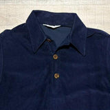 Vintage 70s Navy Blue Terry / Velour Long Sleeve Polo Shirt w/ Wood Buttons - Small