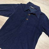 Vintage 70s Navy Blue Terry / Velour Long Sleeve Polo Shirt w/ Wood Buttons - Small