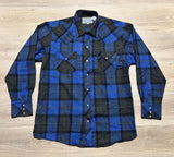 Vintage 80s ATB Western Blue / Black Plaid Flannel Pearlsnap Shirt - Large