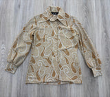 Vintage 70s Polyester Paisley Button Up Blouse - Beige Brown Tan - Womens Sm/Med