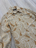 Vintage 70s Polyester Paisley Button Up Blouse - Beige Brown Tan - Womens Sm/Med