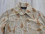 Vintage 70s Polyester Paisley Button Up Blouse - Beige Brown Tan - Womens Sm/Med