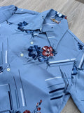 Vintage 70s Polyester Short Sleeve Blue Hawaiian Floral Button Up Shirt - Medium