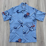 Vintage 70s Polyester Short Sleeve Blue Hawaiian Floral Button Up Shirt - Medium