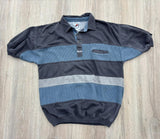 Vintage 80s Greenline Striped Gray / Blue Ribbed Dad / Grandpa Polo Shirt with Pocket - Sm/Med