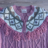 Vintage 80s Women's Hand Knit Pink Button Up Cardigan Sweater w/ Fringe