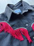 Vintage 90s Black Rockmount Western Shirt – Red Fringe Pearl Snap (S/M)
