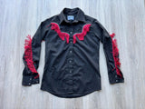 Vintage 90s Black Rockmount Western Shirt – Red Fringe Pearl Snap (S/M)