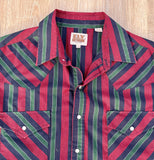 Y2K Ely Classic Cattleman Teal/Navy/Maroon Striped Long Sleeve Pearl Snap Western Shirt - Medium