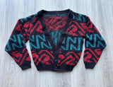 Vintage 80s Black Teal Red Cropped Open Front Sweater / Cardigan - Sm/Med
