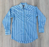 Classic ELY White / Blue Striped Western Plaid Pearlsnap Shirt - Med/Lrg