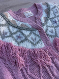 Vintage 80s Women's Hand Knit Pink Button Up Cardigan Sweater w/ Fringe