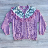 Vintage 80s Women's Hand Knit Pink Button Up Cardigan Sweater w/ Fringe