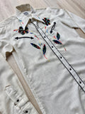 Vintage 60s Miller Cream Linen Western Shirt with Embroidery & Smile Pockets - Pearlsnap