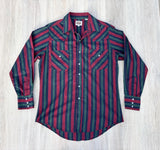 Y2K Ely Classic Cattleman Teal/Navy/Maroon Striped Long Sleeve Pearl Snap Western Shirt - Medium
