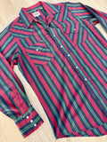 Y2K Ely Classic Cattleman Teal/Navy/Maroon Striped Long Sleeve Pearl Snap Western Shirt - Medium