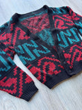 Vintage 80s Black Teal Red Cropped Open Front Sweater / Cardigan - Sm/Med