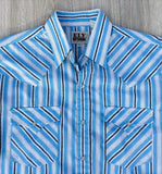 Classic ELY White / Blue Striped Western Plaid Pearlsnap Shirt - Med/Lrg