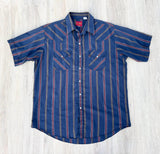 Vintage 80s ELY Plains Navy Blue Striped Short Sleeve S/S Pearlsnap Shirt - XL