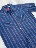 Vintage 80s ELY Plains Navy Blue Striped Short Sleeve S/S Pearlsnap Shirt - XL