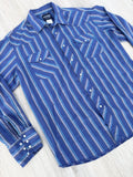 Vintage 90s Wrangler Blue/Purple/Green/Gray Striped Western Pearlsnap Shirt - XXL