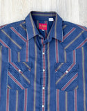 Vintage 80s ELY Plains Navy Blue Striped Short Sleeve S/S Pearlsnap Shirt - XL