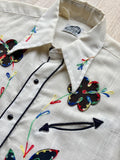 Vintage 60s Miller Cream Linen Western Shirt with Embroidery & Smile Pockets - Pearlsnap