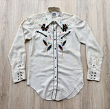 Vintage 60s Miller Cream Linen Western Shirt with Embroidery & Smile Pockets - Pearlsnap