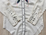 Vintage 60s Miller Cream Linen Western Shirt with Embroidery & Smile Pockets - Pearlsnap