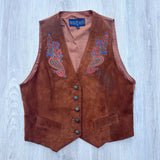 Vintage 90s Herman Geist Brown Suede Leather Paisley / Floral Embroidered Western Vest (Sm/XS)