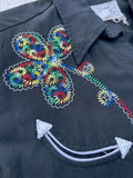 Vintage 60s H-Bar-C California Ranchwear Black Western Shirt with Smile Pockets & Floral Embroidery - Med/Lrg