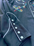 Vintage 60s H-Bar-C California Ranchwear Black Western Shirt with Smile Pockets & Floral Embroidery - Med/Lrg