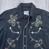 Vintage 60s H-Bar-C California Ranchwear Black Western Shirt with Smile Pockets & Floral Embroidery - Med/Lrg