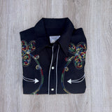 Vintage 60s H-Bar-C California Ranchwear Black Western Shirt with Smile Pockets & Floral Embroidery - Med/Lrg