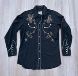 Vintage 60s H-Bar-C California Ranchwear Black Western Shirt with Smile Pockets & Floral Embroidery - Med/Lrg