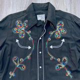 Vintage 60s H-Bar-C California Ranchwear Black Western Shirt with Smile Pockets & Floral Embroidery - Med/Lrg
