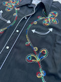Vintage 60s H-Bar-C California Ranchwear Black Western Shirt with Smile Pockets & Floral Embroidery - Med/Lrg