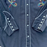 Vintage 60s H-Bar-C California Ranchwear Black Western Shirt with Smile Pockets & Floral Embroidery - Med/Lrg