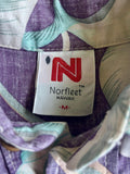 Vintage 80s Norfleet Purple Hawaiian Floral 3/4 Button Up Pull Over Shirt - Medium - Made in USA