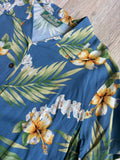 Vintage 90s Two Palms Blue Floral Hawaiian Cropped Button Up Shirt - Made in USA - Sm/Med