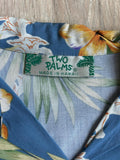 Vintage 90s Two Palms Blue Floral Hawaiian Cropped Button Up Shirt - Made in USA - Sm/Med