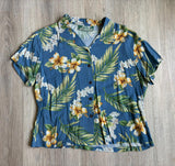 Vintage 90s Two Palms Blue Floral Hawaiian Cropped Button Up Shirt - Made in USA - Sm/Med