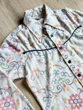 Vintage 70s Blue Buckle Cream Linen/Chambray Button Up Shirt with Floral Embroidery & Western Yoke - Small