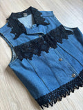 Vintage 90s Denim Vest w/ Black Lace Accents - M/L